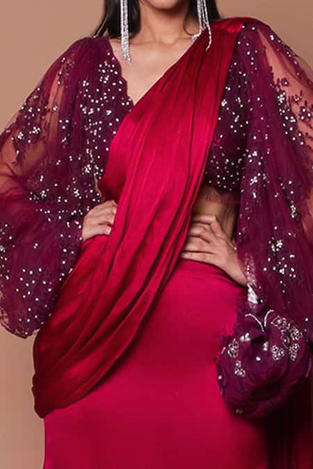 Shehlaa Khan Red Satin V Neck Draped Saree With Blouse Online at Aza Fashions Shehlaa Khan_Red Satin V Neck Draped Saree With Blouse _Online_at_Aza_Fashions