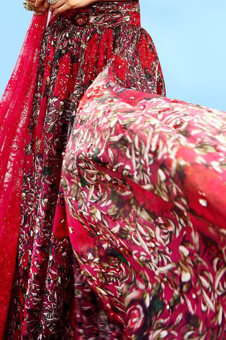 Buy Shehlaa Khan Red Chanderi, Lace Printed Bridal Lehenga Set Online at Aza Fashions Buy_Shehlaa Khan_Red Chanderi, Lace Printed Bridal Lehenga Set _Online_at_Aza_Fashions