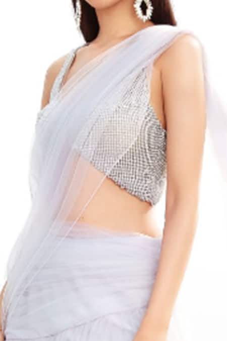 Shop Shehlaa Khan Grey Tulle Pre-draped Saree With Blouse at Aza Fashions Shop_Shehlaa Khan_Grey Tulle Pre-draped Saree With Blouse _at_Aza_Fashions