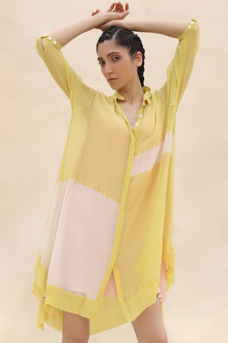 Abhishek Sharma Yellow Chiffon Shirt Collar Colorblock Dress