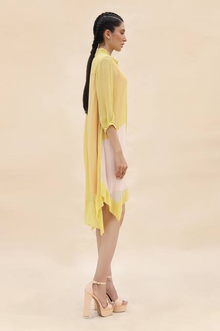 Abhishek Sharma_Yellow Chiffon Shirt Collar Colorblock Dress _Online_at_Aza_Fashions