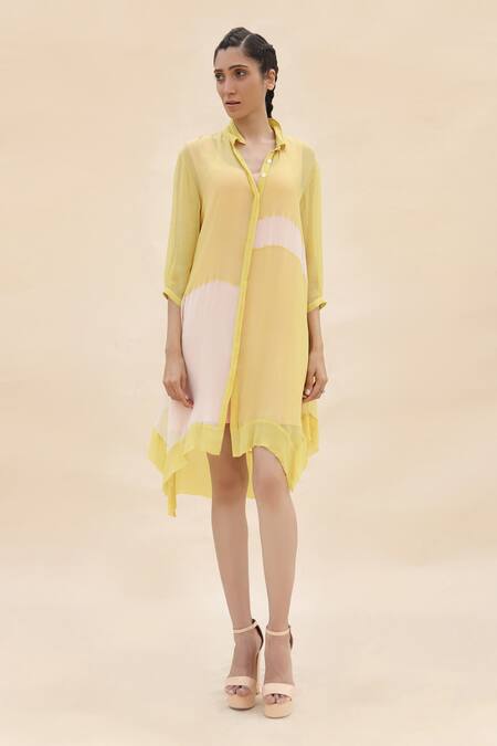 Buy_Abhishek Sharma_Yellow Chiffon Shirt Collar Colorblock Dress _Online_at_Aza_Fashions