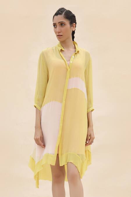 Shop_Abhishek Sharma_Yellow Chiffon Shirt Collar Colorblock Dress _Online_at_Aza_Fashions