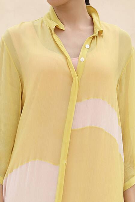 Abhishek Sharma_Yellow Chiffon Shirt Collar Colorblock Dress _at_Aza_Fashions