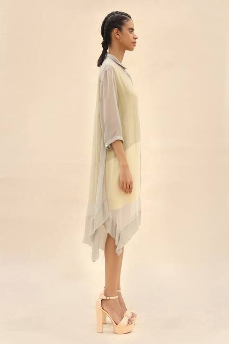 Abhishek Sharma_Grey Chiffon Shirt Collar Colorblock Dress _Online_at_Aza_Fashions