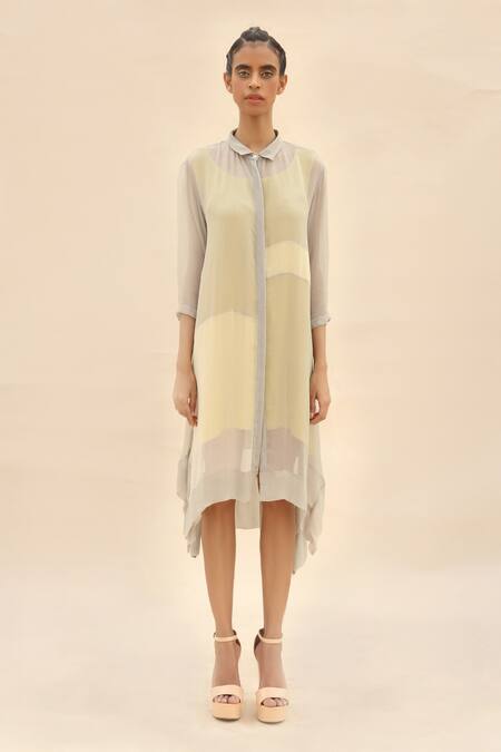 Buy_Abhishek Sharma_Grey Chiffon Shirt Collar Colorblock Dress _Online_at_Aza_Fashions