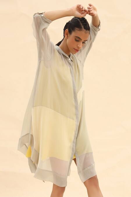Shop_Abhishek Sharma_Grey Chiffon Shirt Collar Colorblock Dress _Online_at_Aza_Fashions