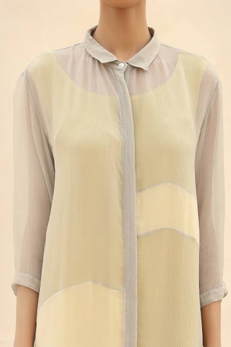 Abhishek Sharma_Grey Chiffon Shirt Collar Colorblock Dress _at_Aza_Fashions