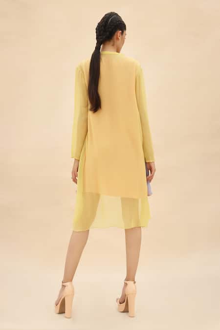 Shop Abhishek Sharma Yellow Chiffon Mandarin Collar Colorblock Tunic at Aza Fashions Shop_Abhishek Sharma_Yellow Chiffon Mandarin Collar Colorblock Tunic _at_Aza_Fashions