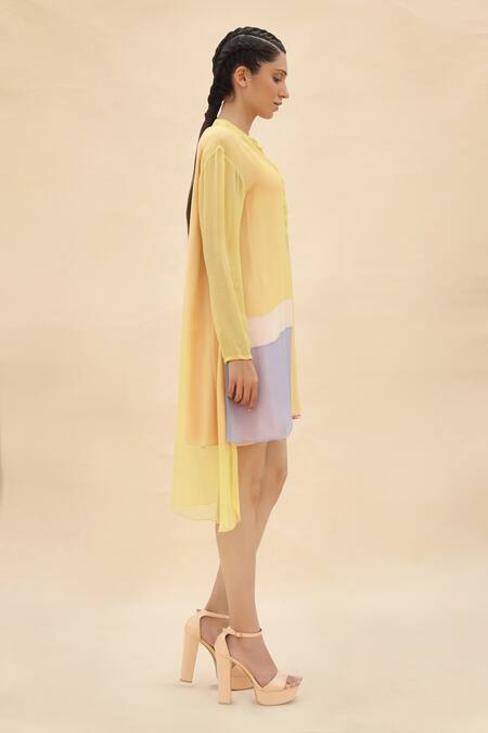 Abhishek Sharma Yellow Chiffon Mandarin Collar Colorblock Tunic Online at Aza Fashions Abhishek Sharma_Yellow Chiffon Mandarin Collar Colorblock Tunic _Online_at_Aza_Fashions