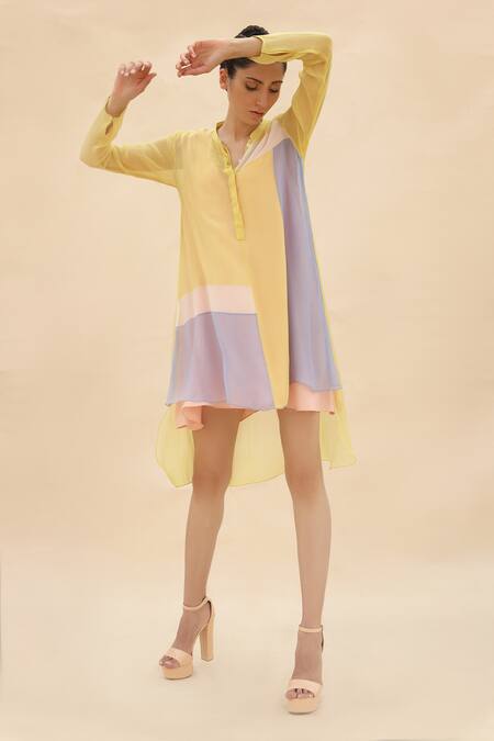 Buy Abhishek Sharma Yellow Chiffon Mandarin Collar Colorblock Tunic Online at Aza Fashions Buy_Abhishek Sharma_Yellow Chiffon Mandarin Collar Colorblock Tunic _Online_at_Aza_Fashions