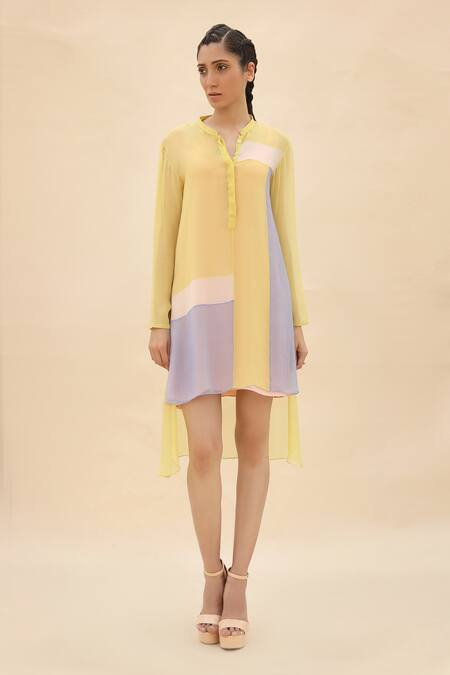 Shop Abhishek Sharma Yellow Chiffon Mandarin Collar Colorblock Tunic Online at Aza Fashions Shop_Abhishek Sharma_Yellow Chiffon Mandarin Collar Colorblock Tunic _Online_at_Aza_Fashions