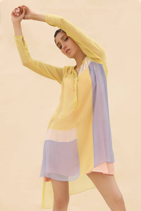 Abhishek Sharma Yellow Chiffon Mandarin Collar Colorblock Tunic at Aza Fashions Abhishek Sharma_Yellow Chiffon Mandarin Collar Colorblock Tunic _at_Aza_Fashions