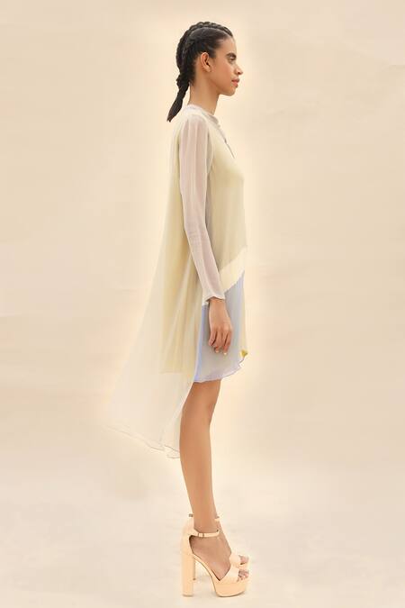 Abhishek Sharma Grey Chiffon Mandarin Collar Colorblock Tunic Online at Aza Fashions Abhishek Sharma_Grey Chiffon Mandarin Collar Colorblock Tunic _Online_at_Aza_Fashions