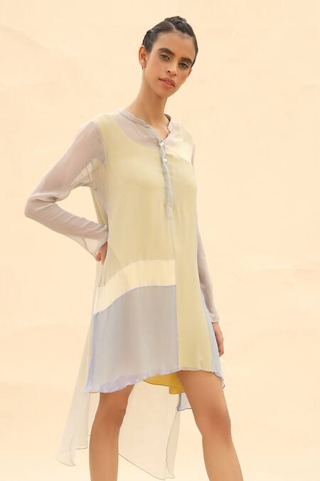 Shop Abhishek Sharma Grey Chiffon Mandarin Collar Colorblock Tunic Online at Aza Fashions Shop_Abhishek Sharma_Grey Chiffon Mandarin Collar Colorblock Tunic _Online_at_Aza_Fashions