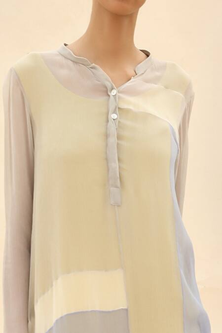 Abhishek Sharma Grey Chiffon Mandarin Collar Colorblock Tunic at Aza Fashions Abhishek Sharma_Grey Chiffon Mandarin Collar Colorblock Tunic _at_Aza_Fashions
