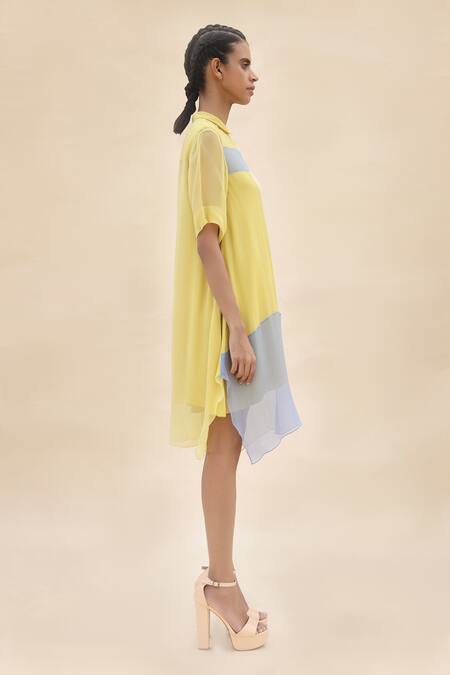 Abhishek Sharma_Yellow Chiffon Shirt Collar Colorblock Dress _Online_at_Aza_Fashions