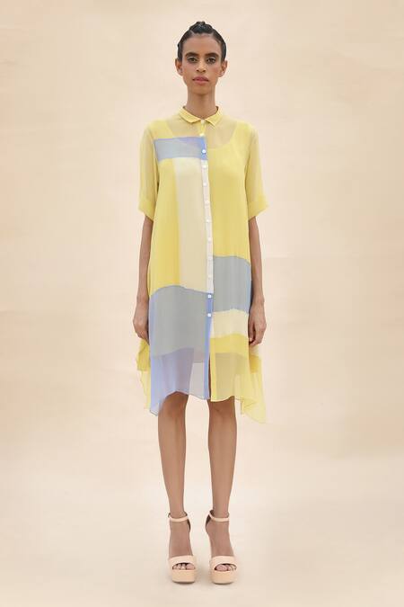 Buy_Abhishek Sharma_Yellow Chiffon Shirt Collar Colorblock Dress _Online_at_Aza_Fashions