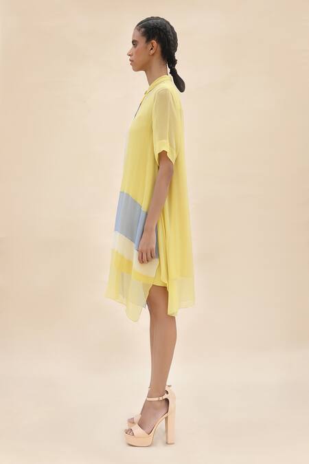 Shop_Abhishek Sharma_Yellow Chiffon Shirt Collar Colorblock Dress _Online_at_Aza_Fashions