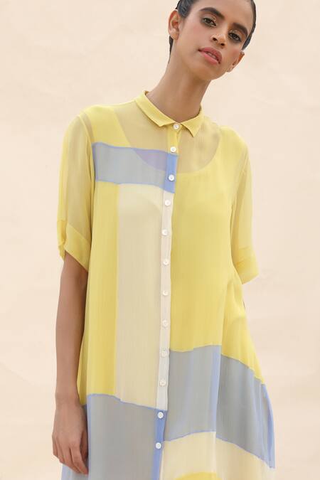 Abhishek Sharma_Yellow Chiffon Shirt Collar Colorblock Dress _at_Aza_Fashions
