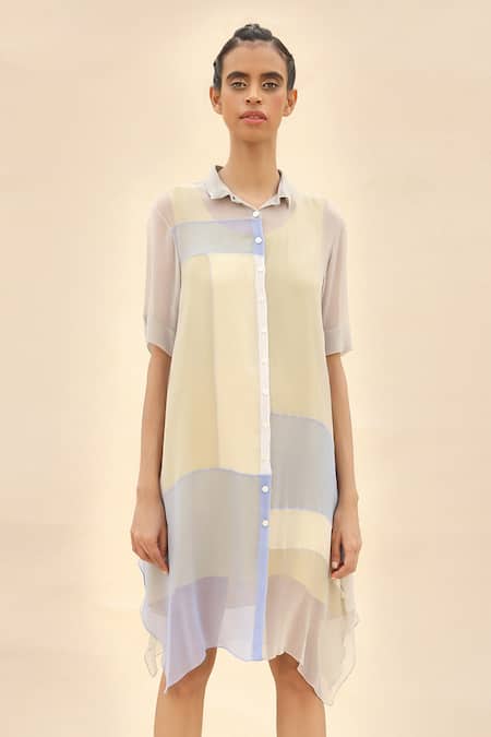 Abhishek Sharma Grey Chiffon Shirt Collar Colorblock Dress
