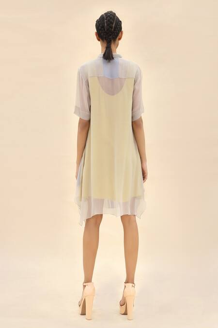 Shop Abhishek Sharma Grey Chiffon Shirt Collar Colorblock Dress at Aza Fashions Shop_Abhishek Sharma_Grey Chiffon Shirt Collar Colorblock Dress _at_Aza_Fashions
