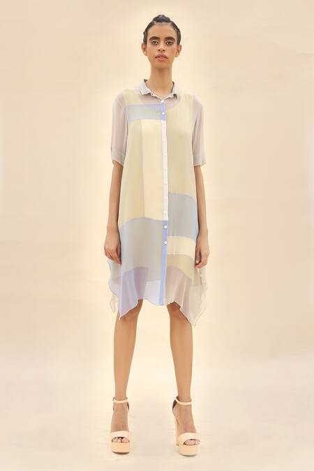 Abhishek Sharma Grey Chiffon Shirt Collar Colorblock Dress Online at Aza Fashions Abhishek Sharma_Grey Chiffon Shirt Collar Colorblock Dress _Online_at_Aza_Fashions