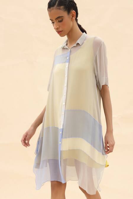 Shop Abhishek Sharma Grey Chiffon Shirt Collar Colorblock Dress Online at Aza Fashions Shop_Abhishek Sharma_Grey Chiffon Shirt Collar Colorblock Dress _Online_at_Aza_Fashions