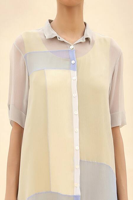 Abhishek Sharma Grey Chiffon Shirt Collar Colorblock Dress at Aza Fashions Abhishek Sharma_Grey Chiffon Shirt Collar Colorblock Dress _at_Aza_Fashions