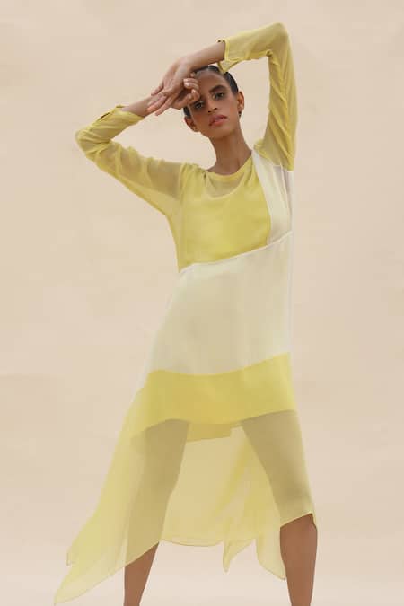 Abhishek Sharma Yellow Chiffon Boat Colorblock Dress  