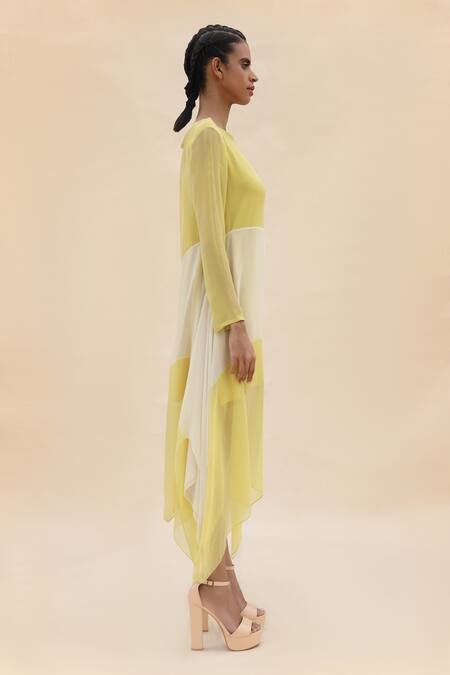 Abhishek Sharma Yellow Chiffon Boat Colorblock Dress Online at Aza Fashions Abhishek Sharma_Yellow Chiffon Boat Colorblock Dress _Online_at_Aza_Fashions