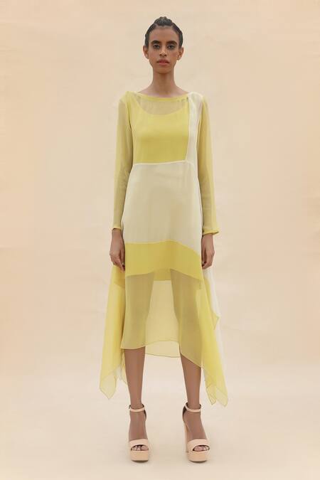 Buy Abhishek Sharma Yellow Chiffon Boat Colorblock Dress Online at Aza Fashions Buy_Abhishek Sharma_Yellow Chiffon Boat Colorblock Dress _Online_at_Aza_Fashions