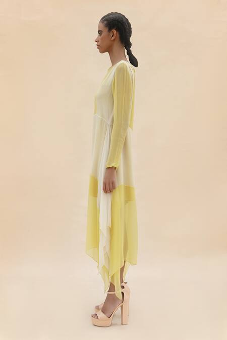Shop Abhishek Sharma Yellow Chiffon Boat Colorblock Dress Online at Aza Fashions Shop_Abhishek Sharma_Yellow Chiffon Boat Colorblock Dress _Online_at_Aza_Fashions