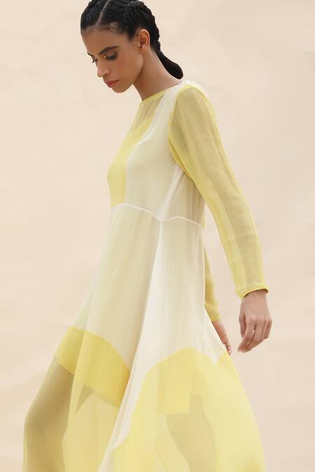 Abhishek Sharma Yellow Chiffon Boat Colorblock Dress at Aza Fashions Abhishek Sharma_Yellow Chiffon Boat Colorblock Dress _at_Aza_Fashions