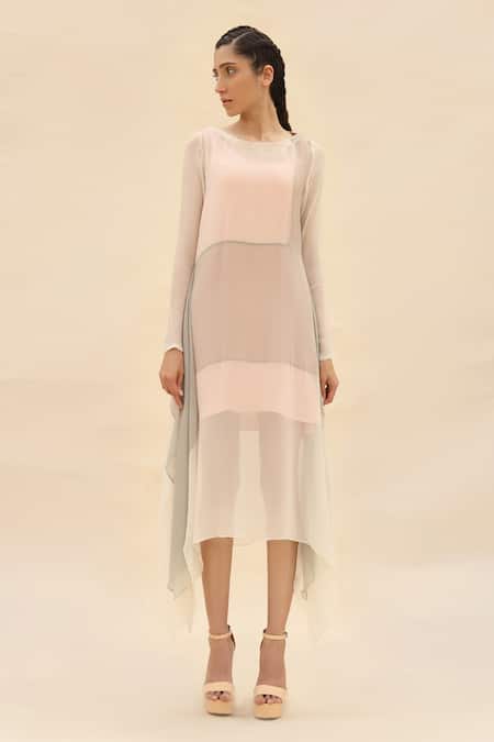 Abhishek Sharma Grey Chiffon Boat Colorblock Draped Dress 