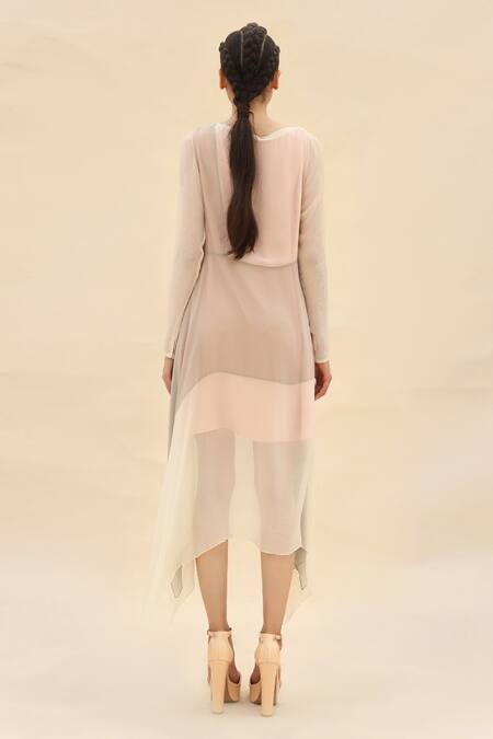 Shop Abhishek Sharma Grey Chiffon Boat Colorblock Draped Dress at Aza Fashions Shop_Abhishek Sharma_Grey Chiffon Boat Colorblock Draped Dress _at_Aza_Fashions