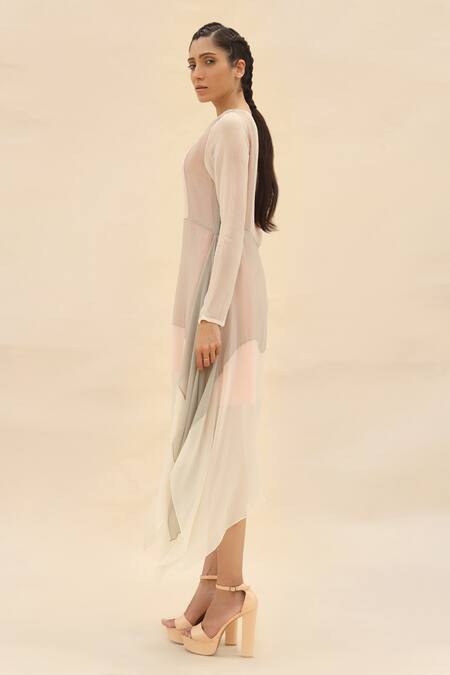 Abhishek Sharma Grey Chiffon Boat Colorblock Draped Dress Online at Aza Fashions Abhishek Sharma_Grey Chiffon Boat Colorblock Draped Dress _Online_at_Aza_Fashions