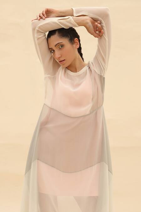 Buy Abhishek Sharma Grey Chiffon Boat Colorblock Draped Dress Online at Aza Fashions Buy_Abhishek Sharma_Grey Chiffon Boat Colorblock Draped Dress _Online_at_Aza_Fashions