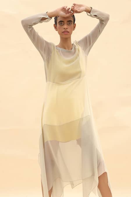 Abhishek Sharma Grey Chiffon Boat Colorblock Draped Dress