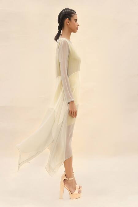 Abhishek Sharma Grey Chiffon Boat Colorblock Draped Dress Online at Aza Fashions Abhishek Sharma_Grey Chiffon Boat Colorblock Draped Dress _Online_at_Aza_Fashions