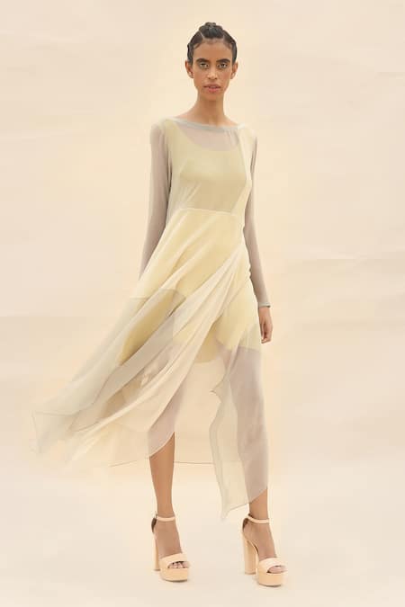 Buy Abhishek Sharma Grey Chiffon Boat Colorblock Draped Dress Online at Aza Fashions Buy_Abhishek Sharma_Grey Chiffon Boat Colorblock Draped Dress _Online_at_Aza_Fashions