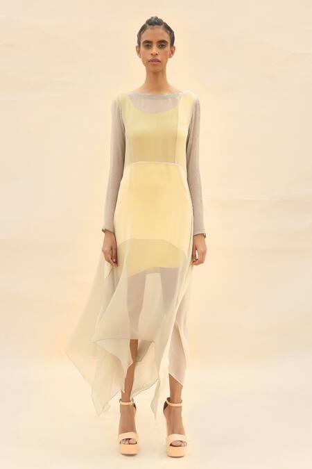 Shop Abhishek Sharma Grey Chiffon Boat Colorblock Draped Dress Online at Aza Fashions Shop_Abhishek Sharma_Grey Chiffon Boat Colorblock Draped Dress _Online_at_Aza_Fashions