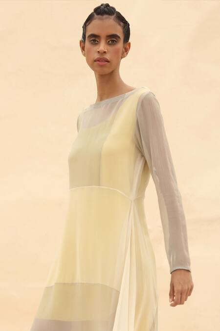 Abhishek Sharma Grey Chiffon Boat Colorblock Draped Dress at Aza Fashions Abhishek Sharma_Grey Chiffon Boat Colorblock Draped Dress _at_Aza_Fashions