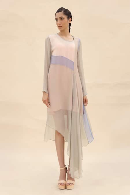 Abhishek Sharma White Chiffon Round Colorblock Draped Dress