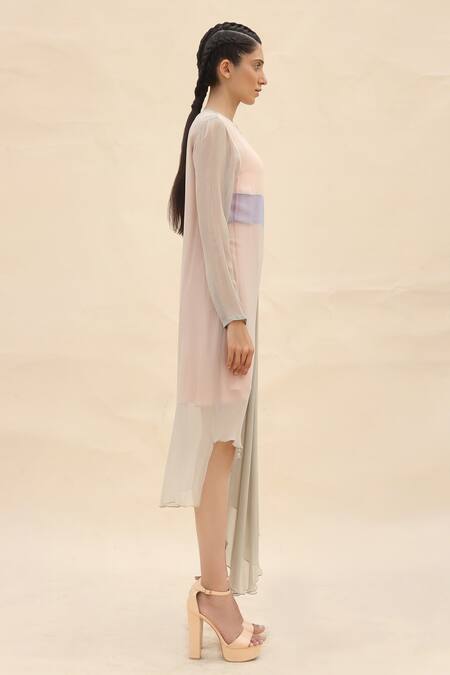 Abhishek Sharma White Chiffon Round Colorblock Draped Dress Online at Aza Fashions Abhishek Sharma_White Chiffon Round Colorblock Draped Dress _Online_at_Aza_Fashions