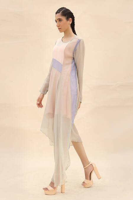 Buy Abhishek Sharma White Chiffon Round Colorblock Draped Dress Online at Aza Fashions Buy_Abhishek Sharma_White Chiffon Round Colorblock Draped Dress _Online_at_Aza_Fashions