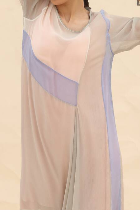 Shop Abhishek Sharma White Chiffon Round Colorblock Draped Dress Online at Aza Fashions Shop_Abhishek Sharma_White Chiffon Round Colorblock Draped Dress _Online_at_Aza_Fashions