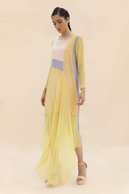 Abhishek Sharma Yellow Chiffon Round Colorblock Draped Dress