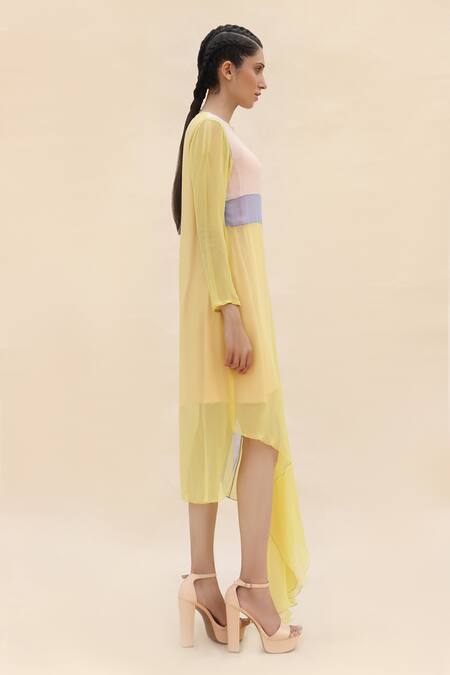 Abhishek Sharma_Yellow Chiffon Round Colorblock Draped Dress  _Online_at_Aza_Fashions