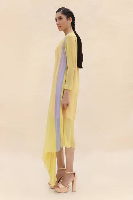 Buy_Abhishek Sharma_Yellow Chiffon Round Colorblock Draped Dress  _Online_at_Aza_Fashions